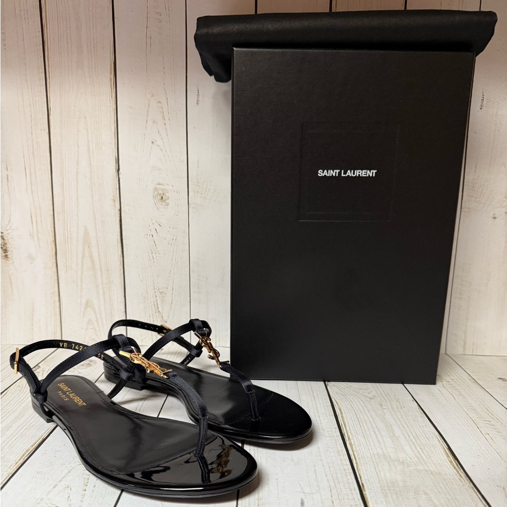 Saint Laurent Satin Cassandra Monogram Flat Sandals Navy Blue Sz 38 / 8